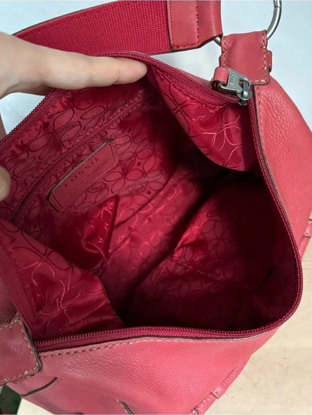 Fossil Salmon / Red Leather Slouchy Hobo Shoulder Bag